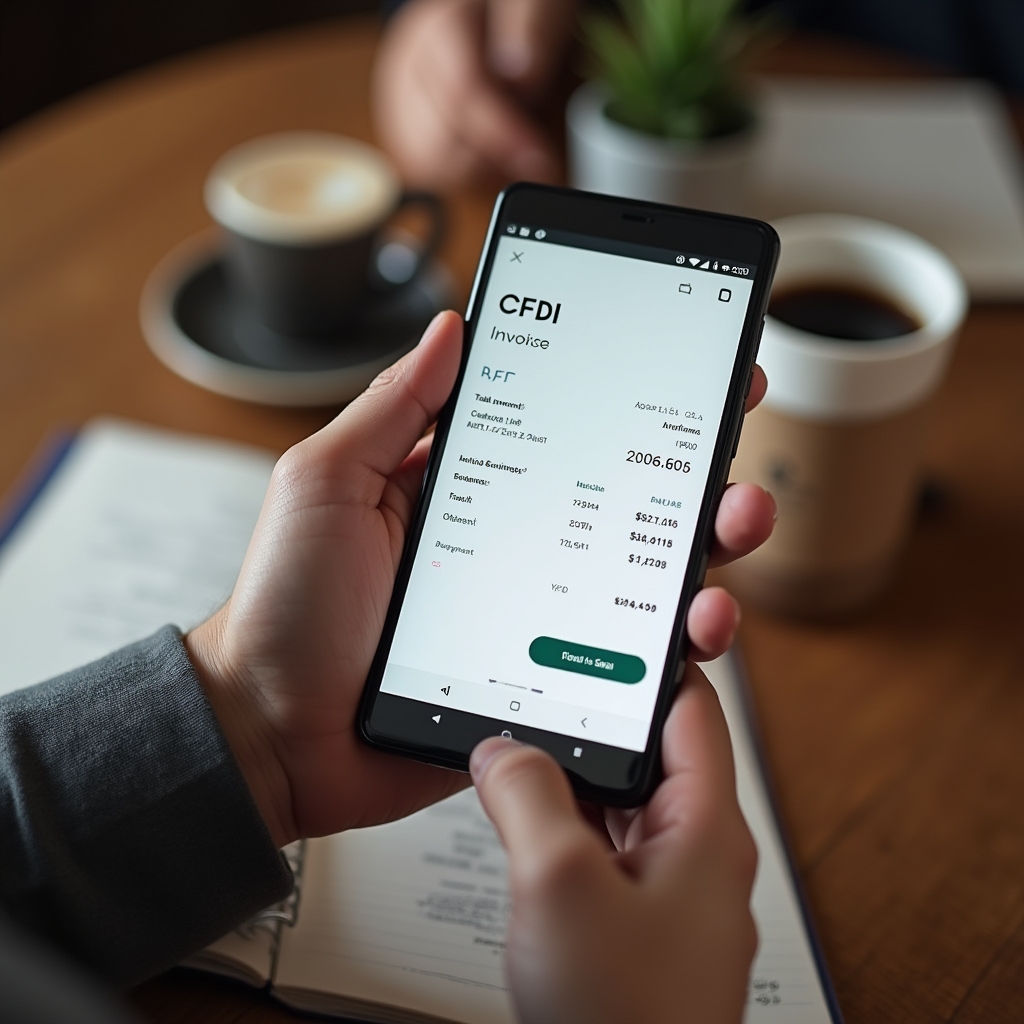 Close-up of hands holding a smartphone showing a completed CFDI invoice on the SAT mobile interface, warm workshop lighting