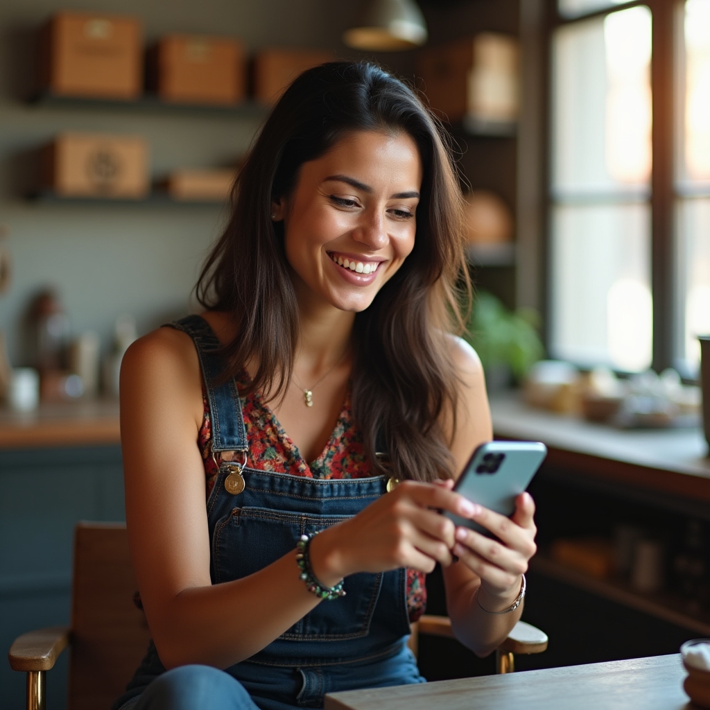 Confident micro-entrepreneur smiling at phone screen after successfully completing their first CFDI invoice, warm natural light environment