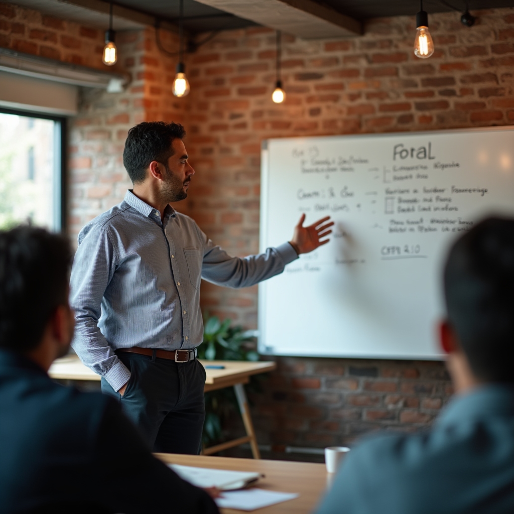 Lead facilitator explaining CFDI concepts on a whiteboard to a small group of micro-entrepreneurs in a workshop setting