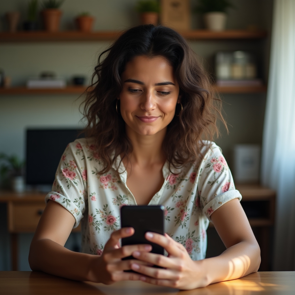 Mexican micro-entrepreneur using smartphone to issue a CFDI invoice, seated at a small business workspace