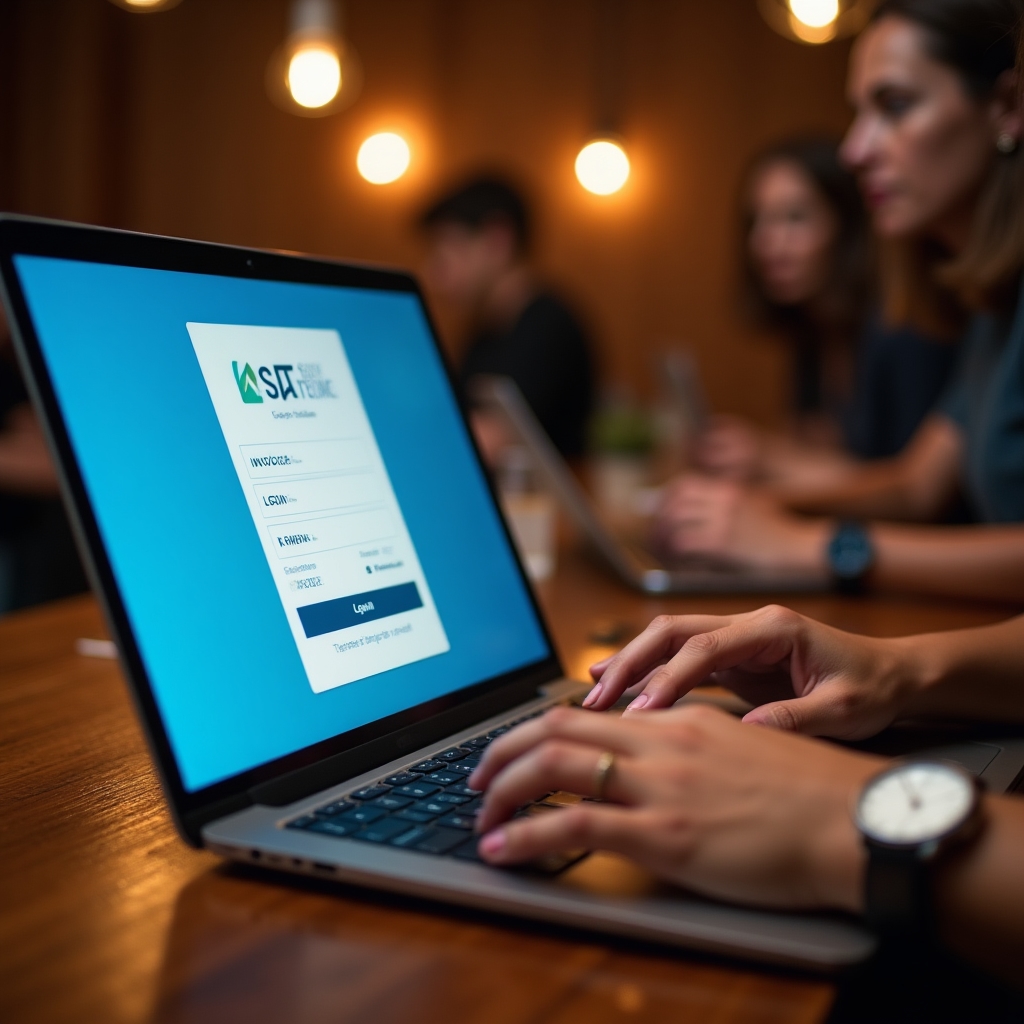 Participant logging into the SAT portal on a laptop during a hands-on invoicing workshop, facilitator visible in background